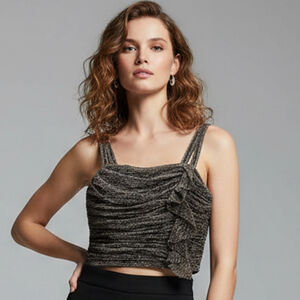 ZARA Gold lurex Metallic Sleeveless Short Crop Top Ruffle Front Sz S GothicGlam